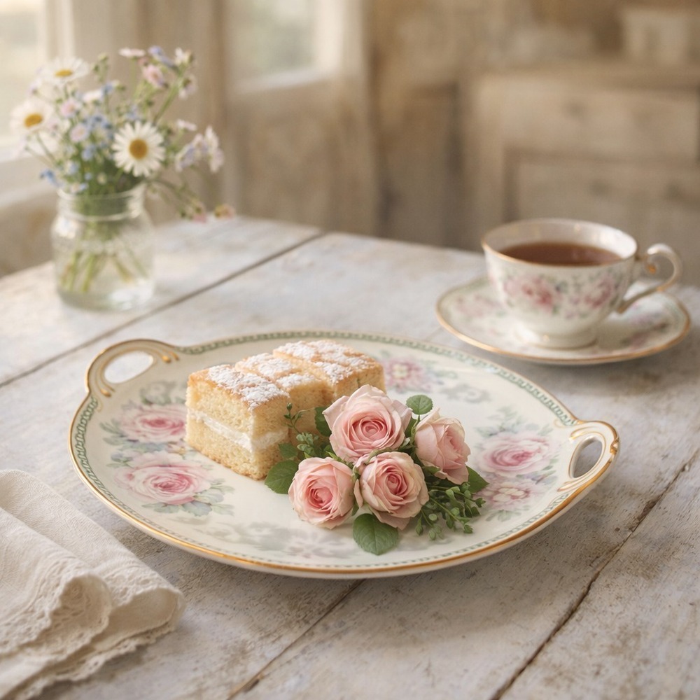 Antique German (K&L) Porcelain Handled Serving Platter Pink Roses Gold c.1910 - Picture 2 of 16